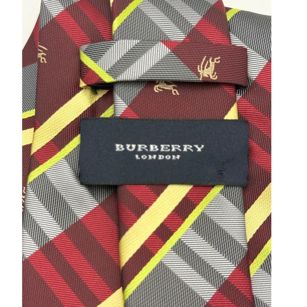 Burberry London Men's 100% Silk Tie Plaid Equestrian Knight Logo Italy Burgundy